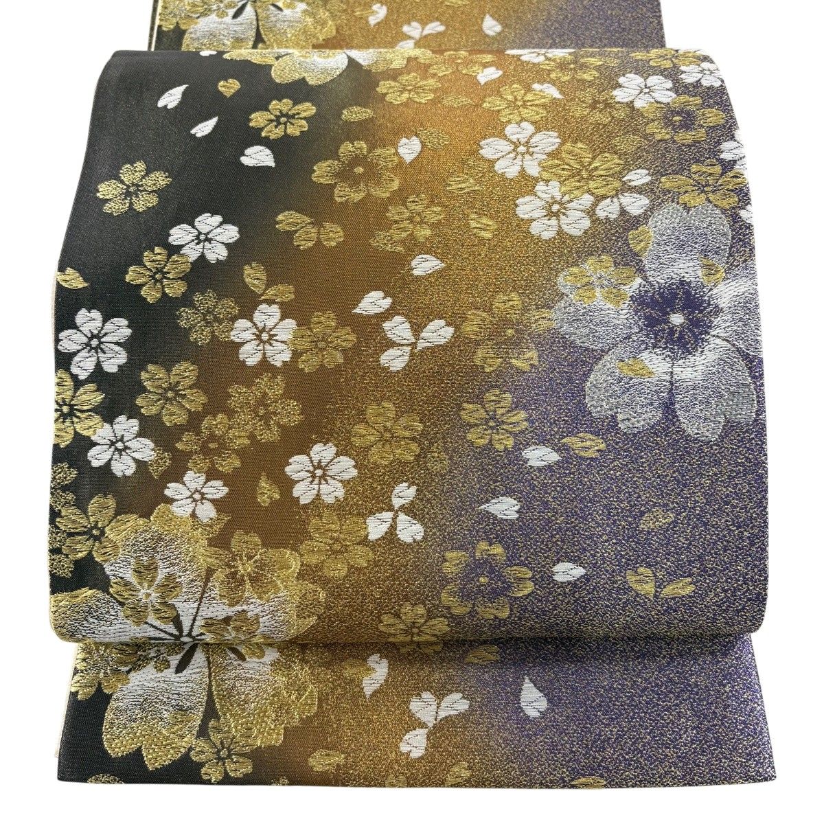 美品】 袋帯 秀品 振袖向き 鈴乃屋 桜 花びら 金銀糸 箔 茶緑色 六通