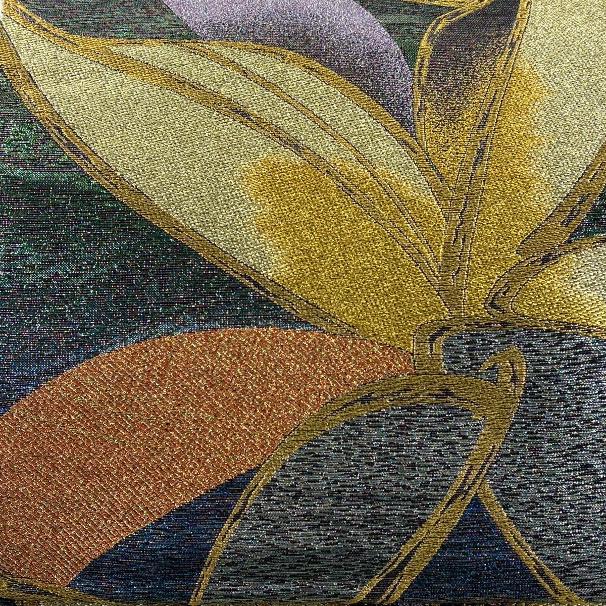 美品】 袋帯 秀品 煌彩架 振袖向き 草花 幾何学模様 箔 金銀糸 青緑 六