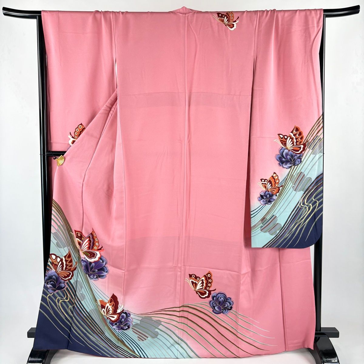 振袖 身丈167cm 裄丈69cm L 袷 蝶 花 刺繍 金彩 ピンク 正絹 秀品