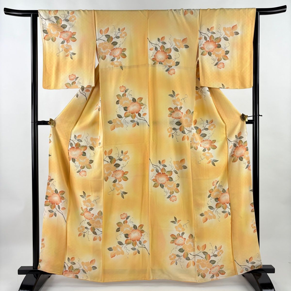 小紋 身丈164cm 裄丈63cm S 袷 枝花 ぼかし 薄オレンジ 正絹 優品