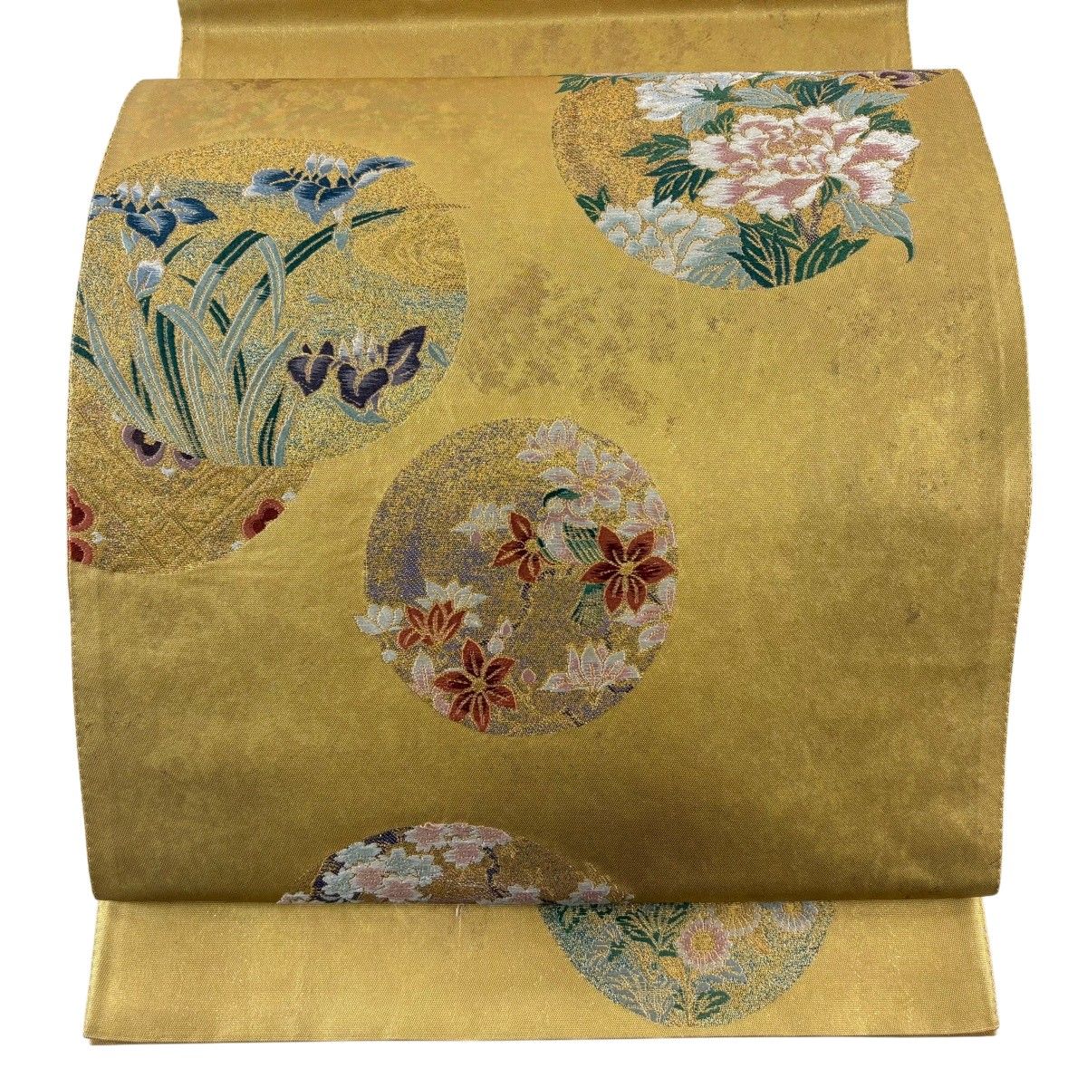 袋帯 秀品 鈴乃屋 丸文 草花 刺繍 箔 金色 お太鼓柄 正絹 【中古