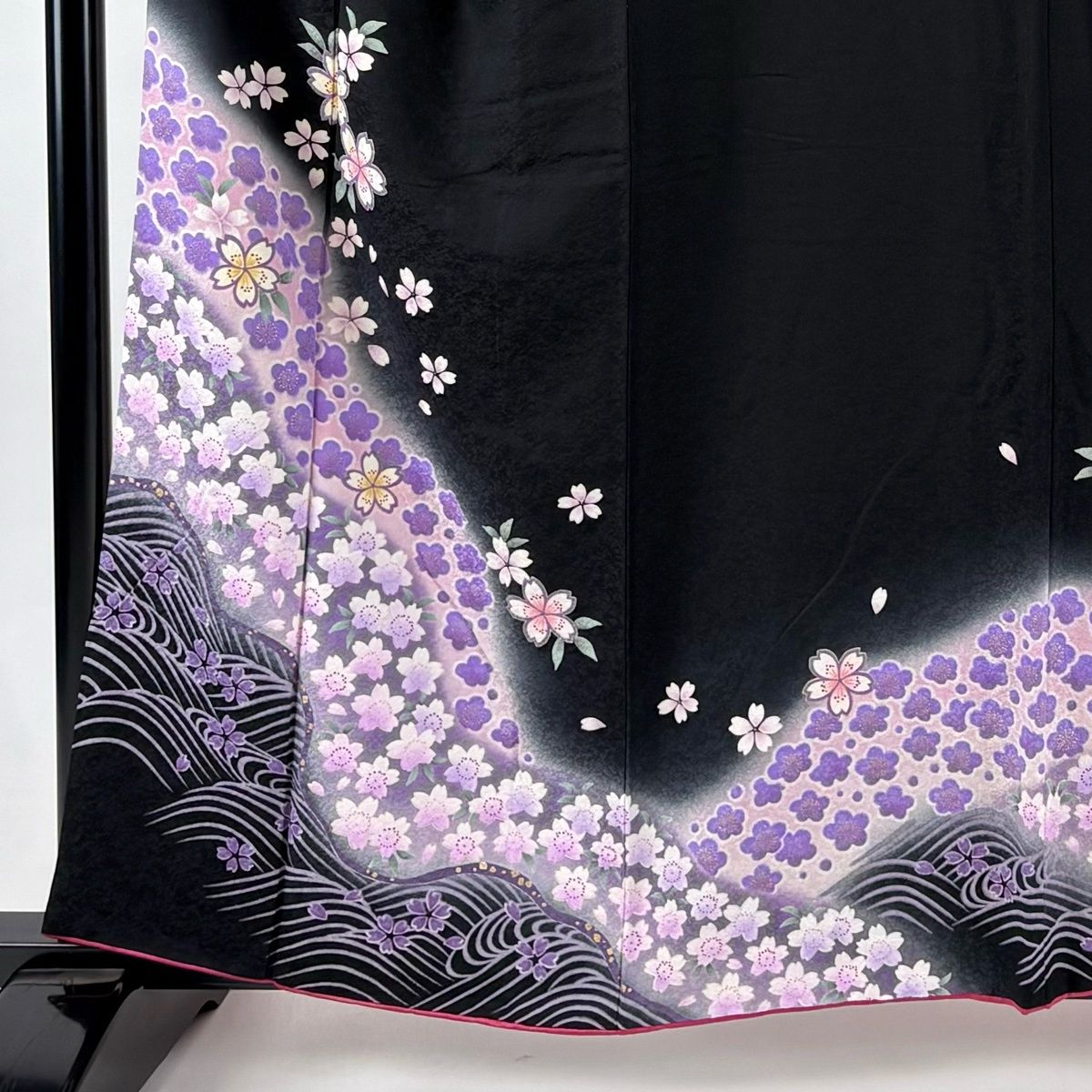 訪問着 身丈159cm 裄丈66.5cm M 袷 桜 波 金彩 ぼかし 黒 正絹 秀品