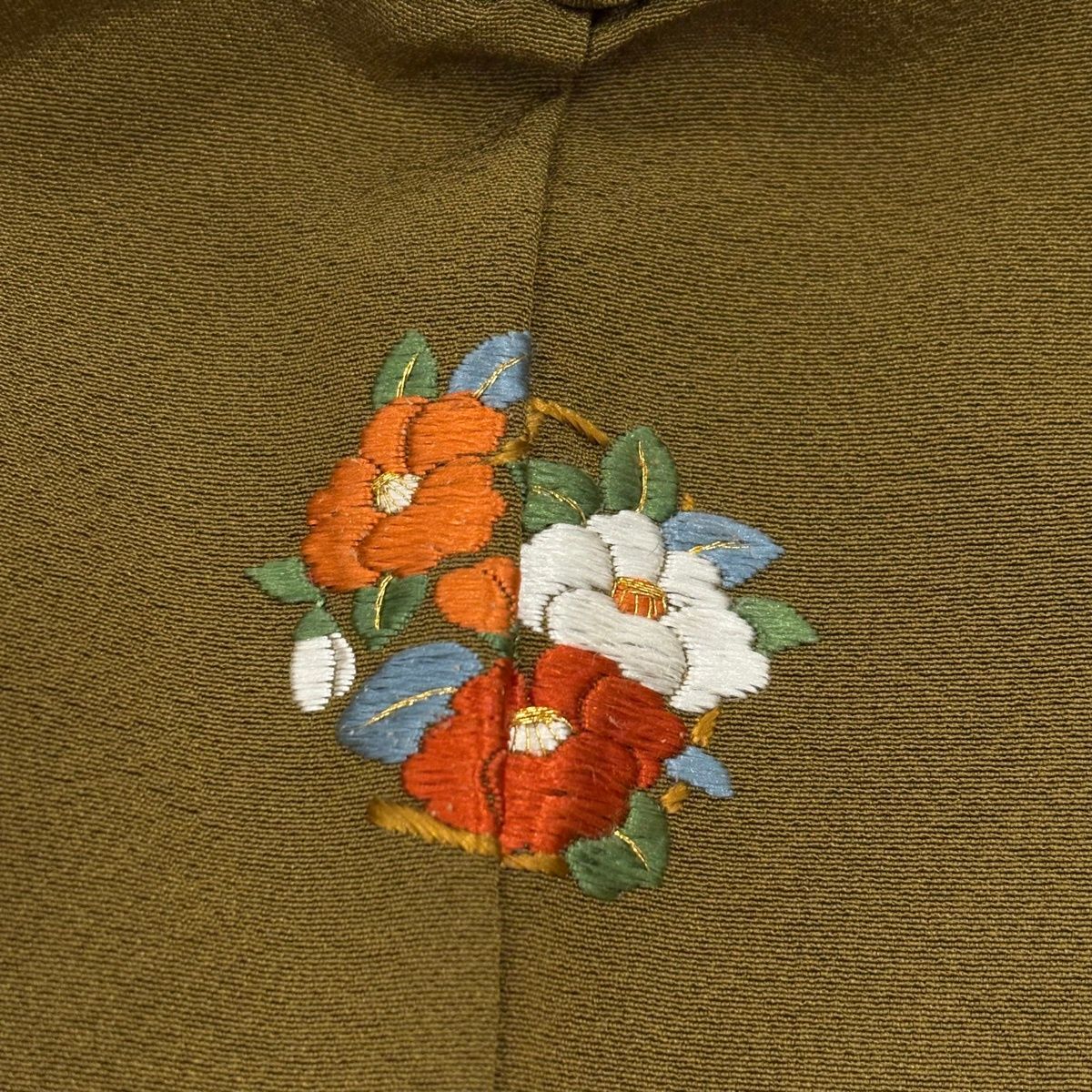 振袖 身丈164.5cm 裄丈66.5cm M 袷 無地 茶緑色 正絹 秀品 一つ紋