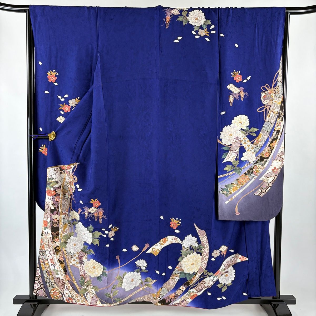 振袖 身丈156cm 裄丈66cm M 袷 几帳 牡丹 金彩 染め分け 紺色 正絹 秀