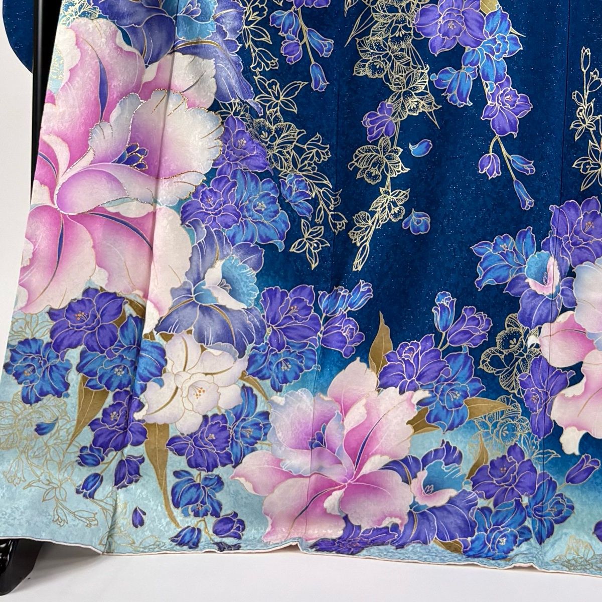 振袖 身丈172.5cm 裄丈71cm L 袷 草花 銀通し 箔 藍色 正絹 逸品