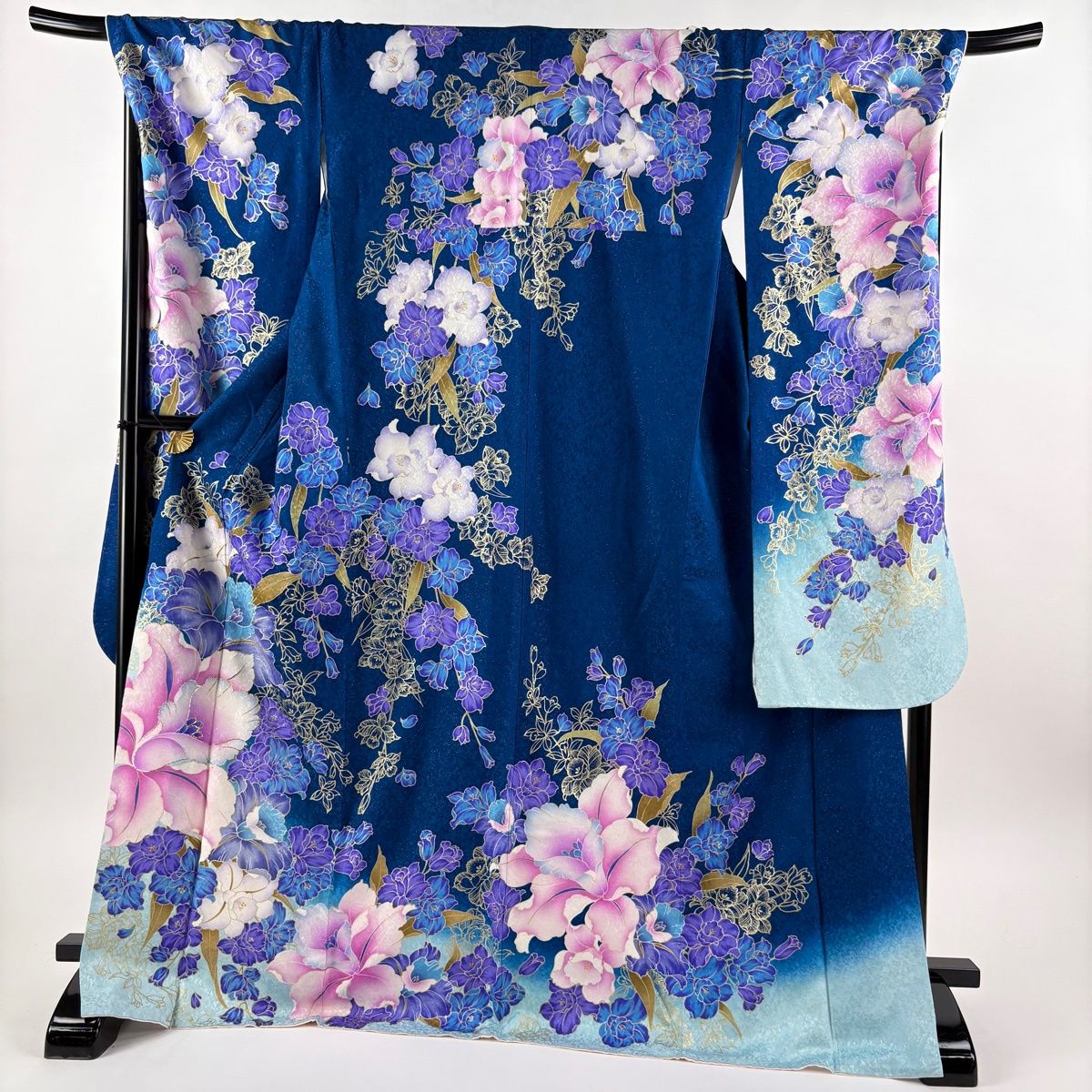 振袖 身丈172.5cm 裄丈71cm L 袷 草花 銀通し 箔 藍色 正絹 逸品