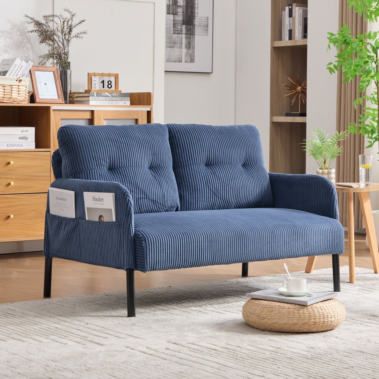 03|15再入荷予定 2人掛け ソファー コーデュロイ ソファ コンパクト 幅110cm 奥行52cm 肘付き 鉄製フレーム 2人用 独立型Sバネ 耐久性 サイドポケット付き おしゃれ レトロ モダン 一人暮らし ワンルーム 組み立て簡単