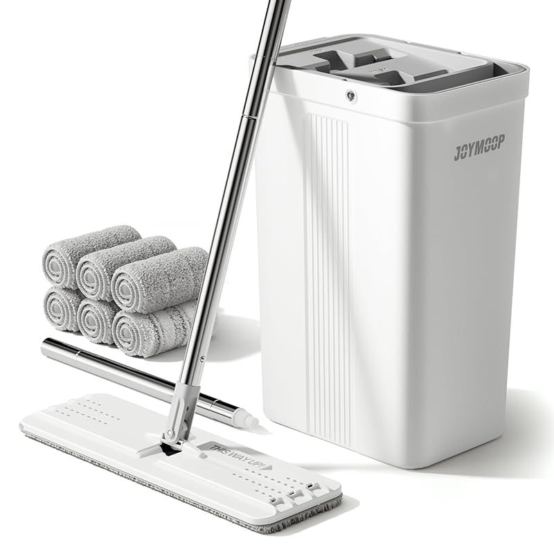【新品】 JOYMOOP モップとバケツセット 手動絞り機能付き フラットフロアモップ 壁掃除にも使えるロングハンドル 6枚マイクロファイバーパッド付き 床拭きに最適 フローリング対応 1