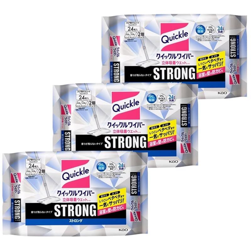 【新品】 （まとめ買い）花王 クイックルワイパー 立体吸着ウエットシート ストロング 24枚入 【×3】 1