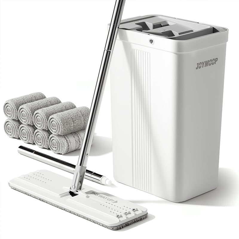 【新品】 JOYMOOP モップとバケツセット 手動絞り機能付き フラットフロアモップ 壁掃除にも使えるロングハンドル 洗って繰り返し使えるマイクロファイバーパッド8枚 水拭き・乾拭き対応 フローリング対応 1