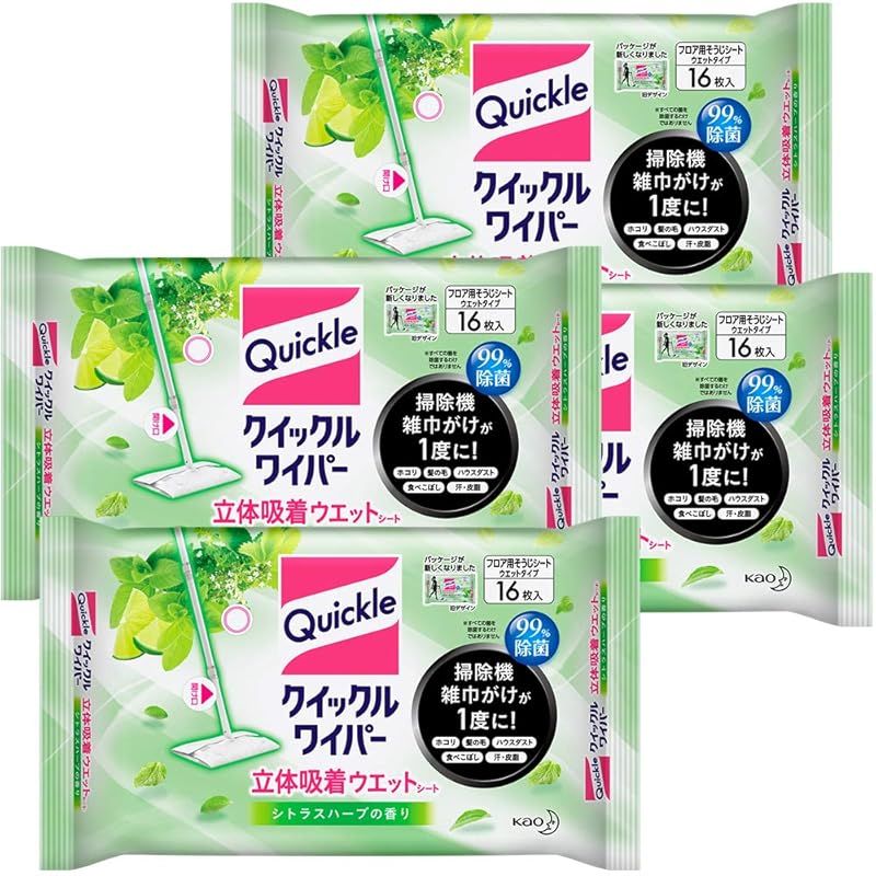【新品】 【まとめ買い】クイックルワイパー フロア用掃除道具 立体吸着ウエットシート シトラスハーブの香り 16枚入×4個 1