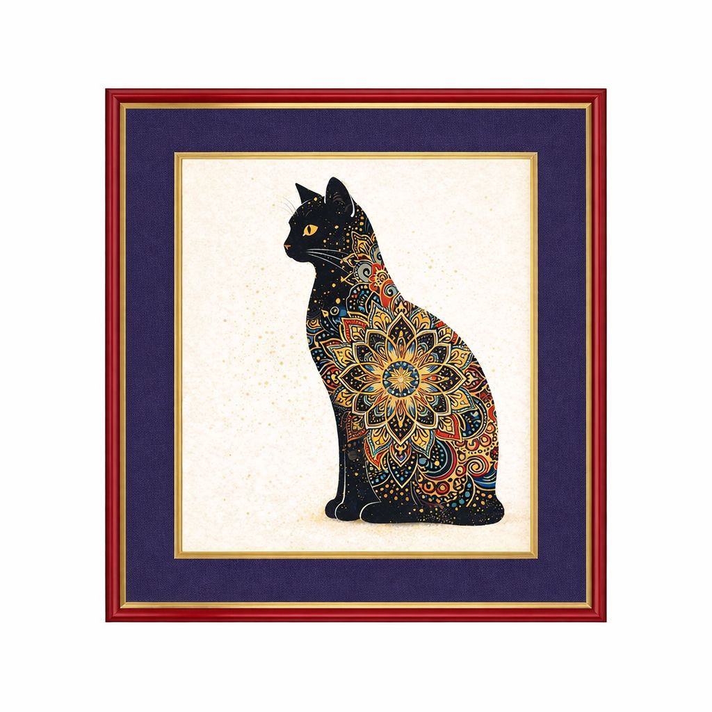 和モダン 黒猫マンダラアート 色紙額入り（413×353mm）開運インテリア