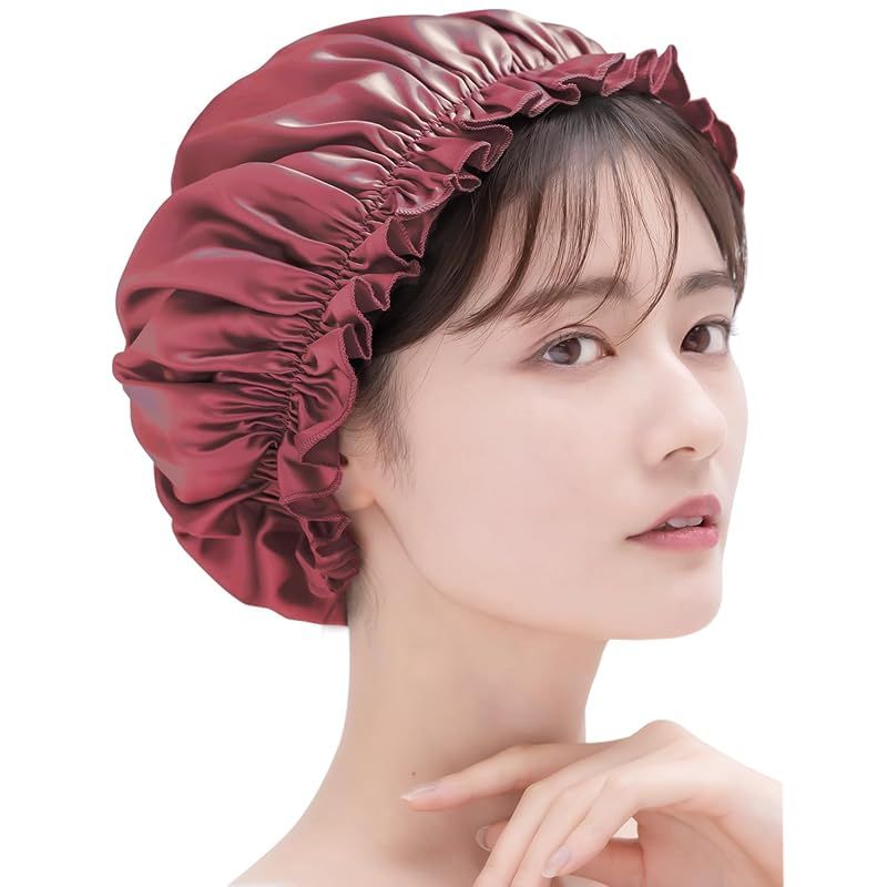 [COCOSILK] シルク ナイトキャップ 天然 シルク100% ヘアキャップ シルクキャップ ロングヘア 就寝用 (L， レッド) 0
