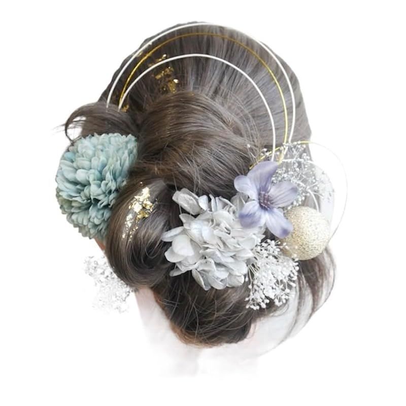 [Lomeri ロメリ] ゴールド　マムの髪飾り　ドライフラワー　和玉　水引　成人式　結婚式　前撮り　A327 (ブルー) 0