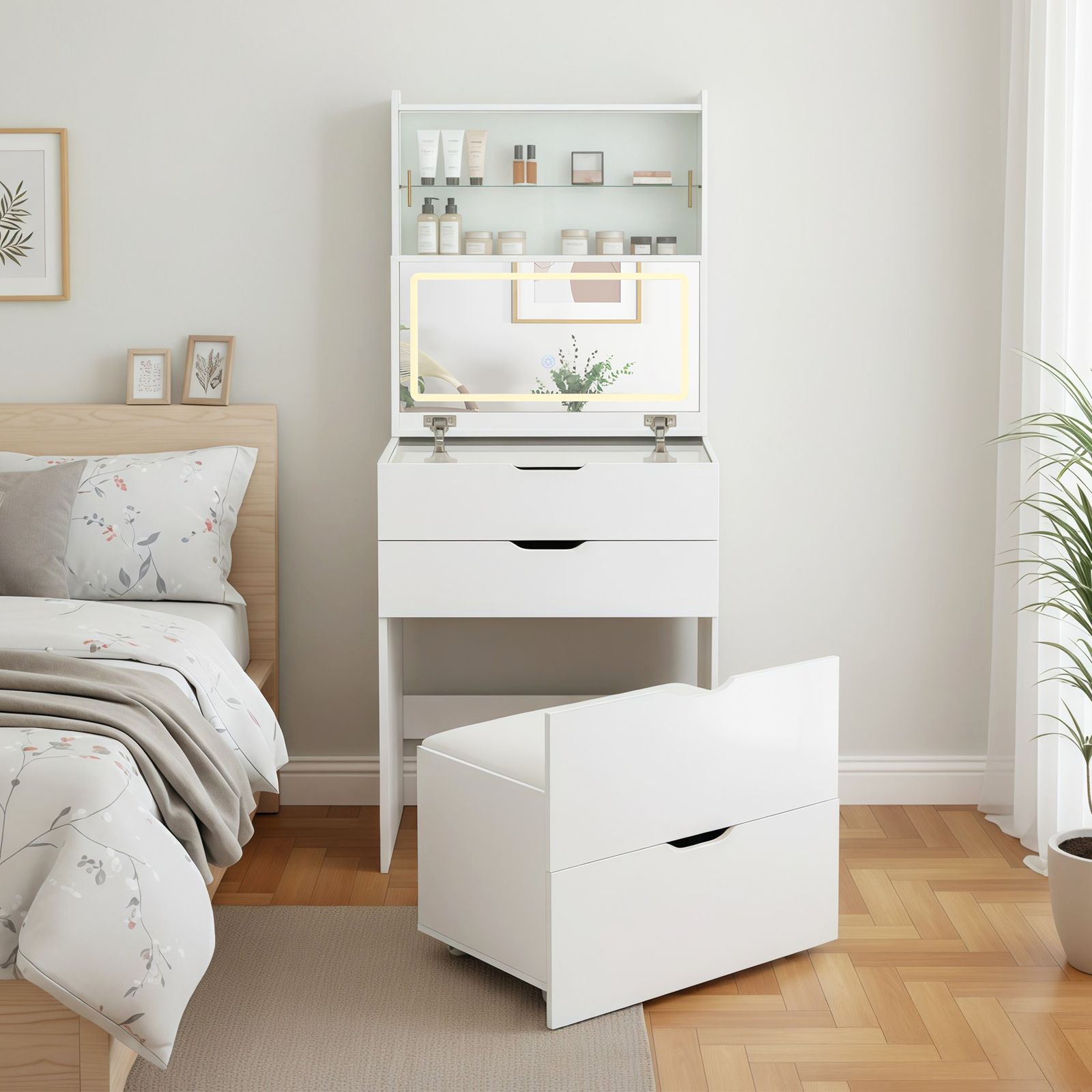 ドレッサー 2WAY天板 無段階調節LED女優ミラー 3色切替 ガラス扉