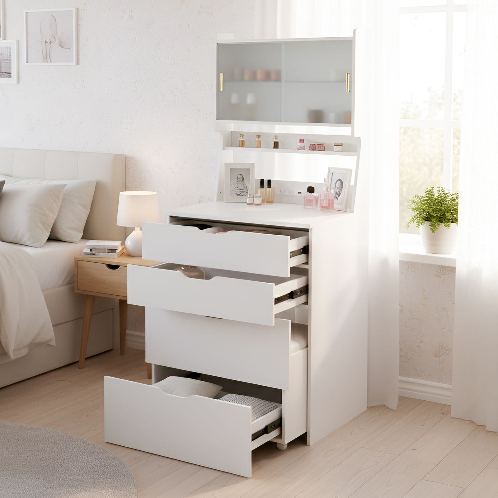 ドレッサー 2WAY天板 無段階調節LED女優ミラー 3色切替 ガラス扉