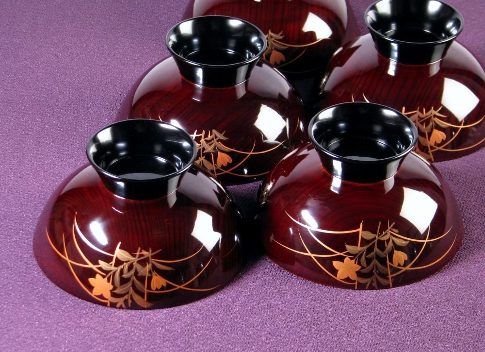 輪島塗 秋草蒔絵吸物椀5客 No2 幅：13cm 美品 共箱・共紙付/26b029