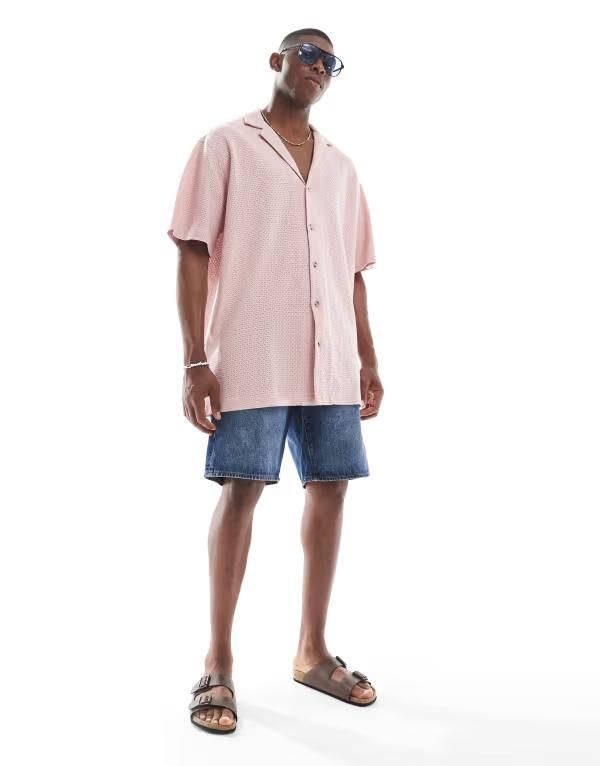 エイソス メンズ トップス シャツ ASOS DESIGN boxy oversized textured shirt PINK ピンク
