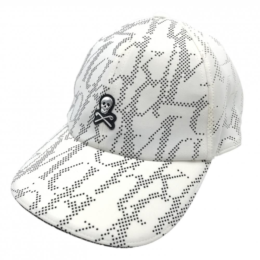 美品 中古 マーク＆ロナ 210FITTED スカル キャップ 帽子 ゴルフ マークアンドロナ キャップ 白×黒 ロゴ総柄 一部パンチング スカル