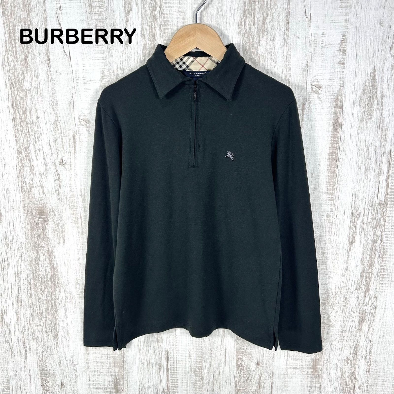 極 美品 BURBERRY GOLF バーバリー ゴルフ シャドーホース ハーフジップ ボーダー コットン カットソー LL メンズ ホワイト グレー 135-2 BURBERRY GOLF バーバリーゴルフ ホースロゴ刺繡 ハーフジップ
