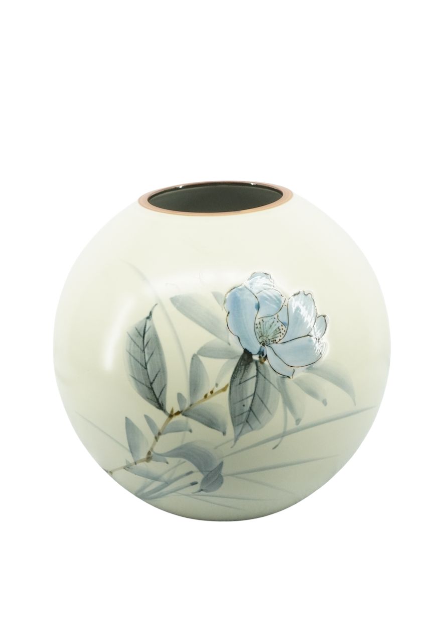 九谷焼 旭山 花瓶 飾壺 椿（ツバキ）金彩 青九谷 手描き 陶器 共箱なし