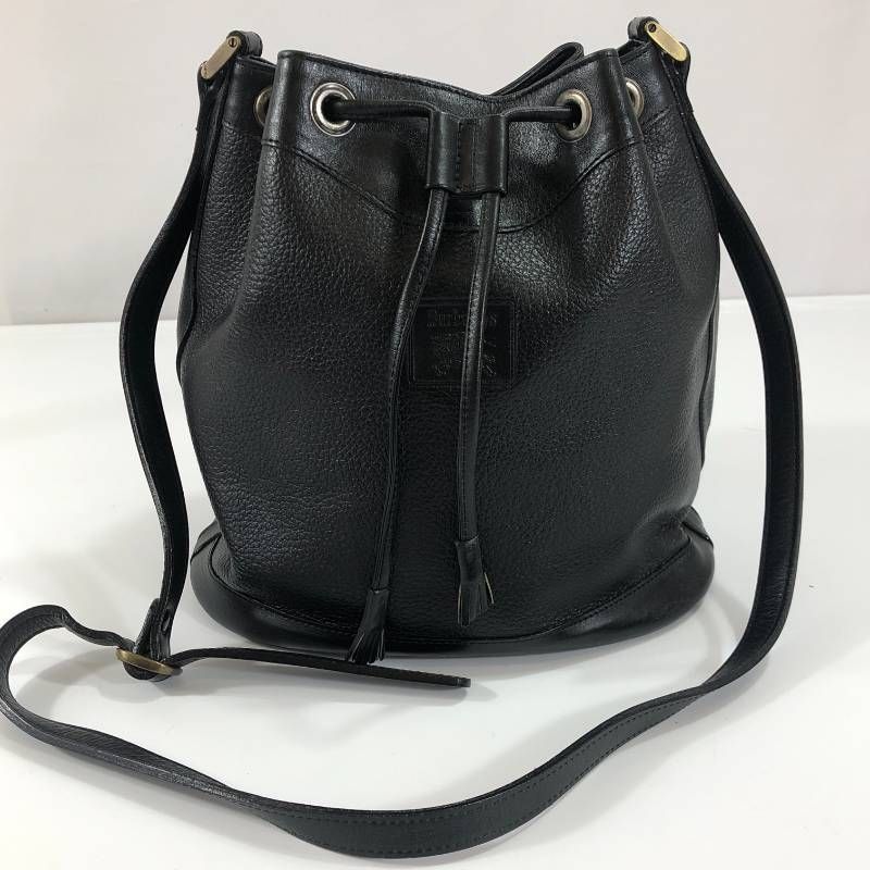 美品 バーバリー ノバチェック 巾着ショルダーバッグ レザー ブラック
