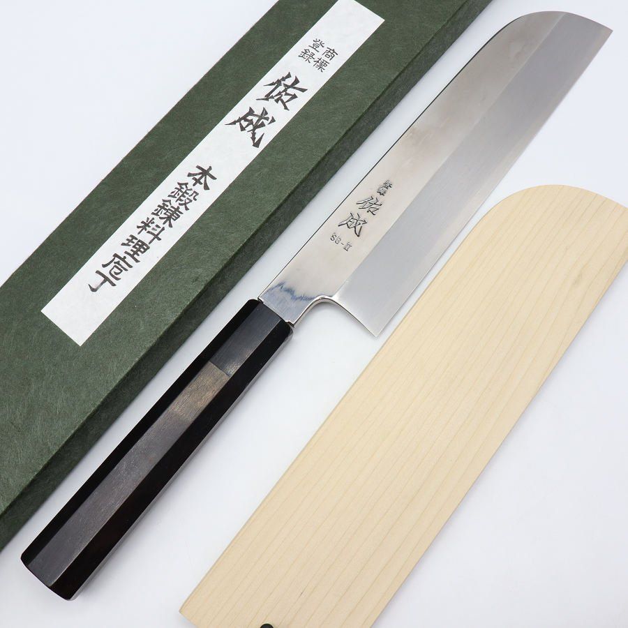 美品】佑成 鎌型薄刃包丁 SG-Ⅱ 粉末鋼 七寸半 黒檀八角柄 鏡面 鞘付き