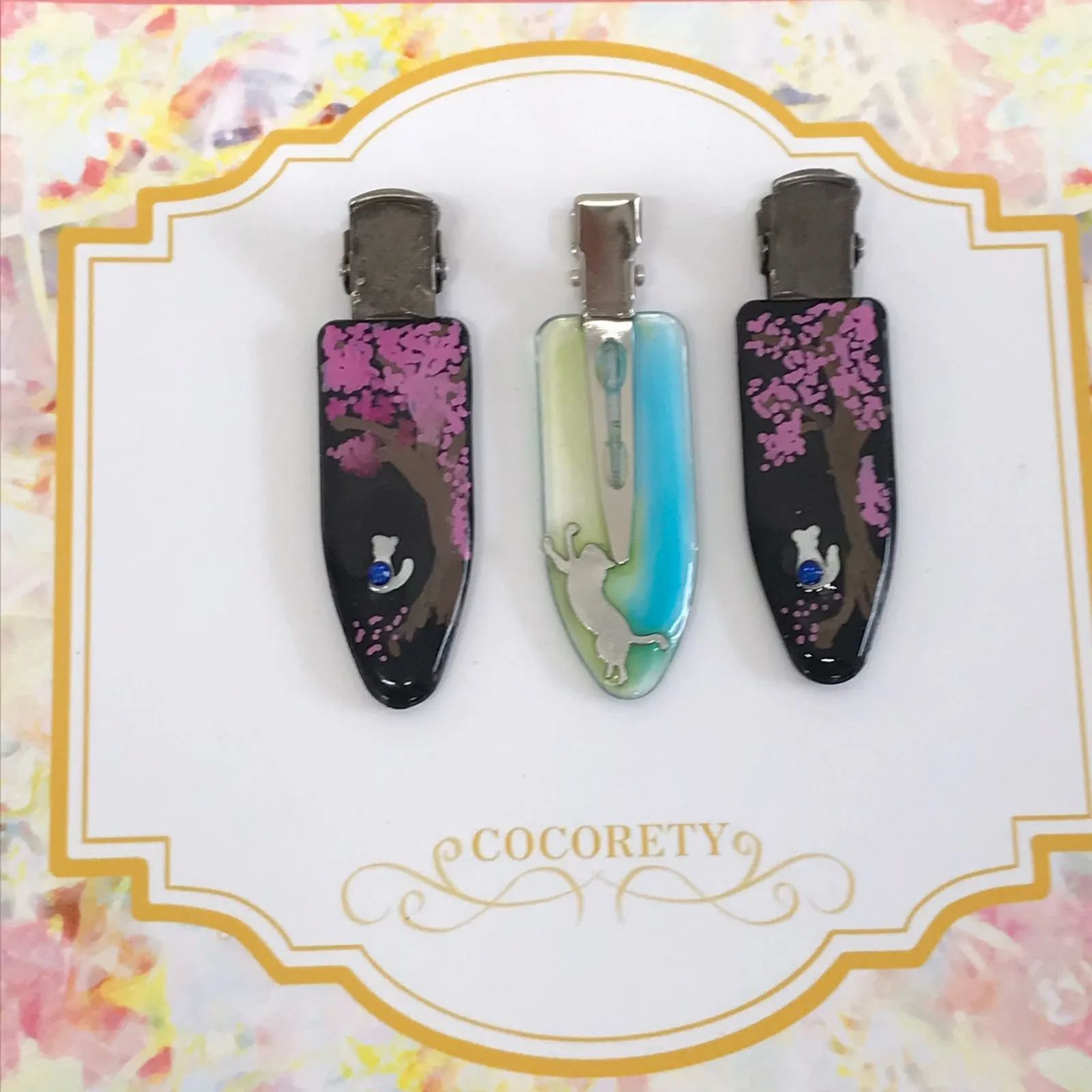 福祉施設制作】山桜うさぎ作 ヘアクリップ 「桜とネコ ネコジャンプ