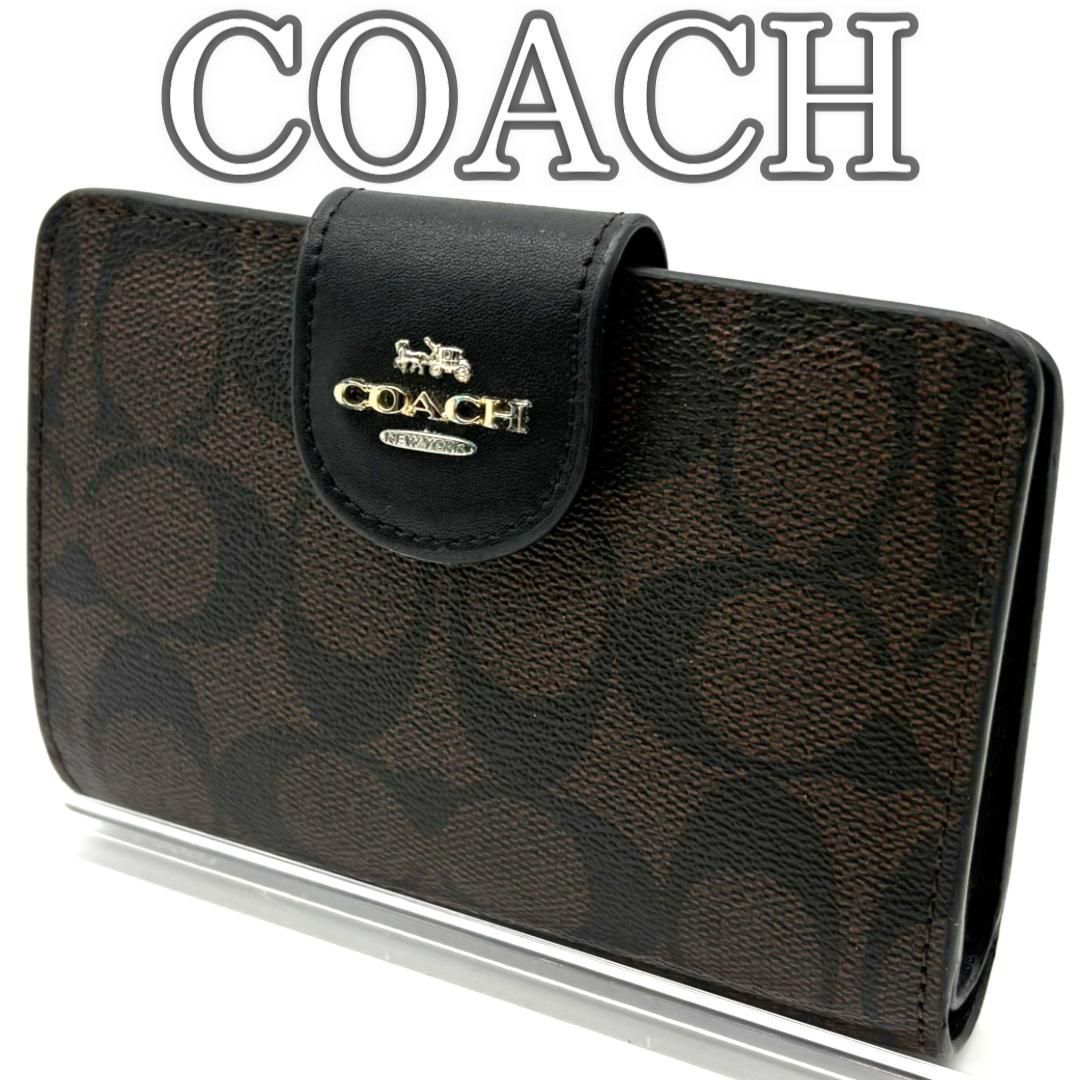 コーチ　二つ折り財布　L字ファスナー　シグネチャー　ダークブラウン　PVCレザー COACH - コーチ 二つ折り財布 L字ファスナー シグネチャー ダーク