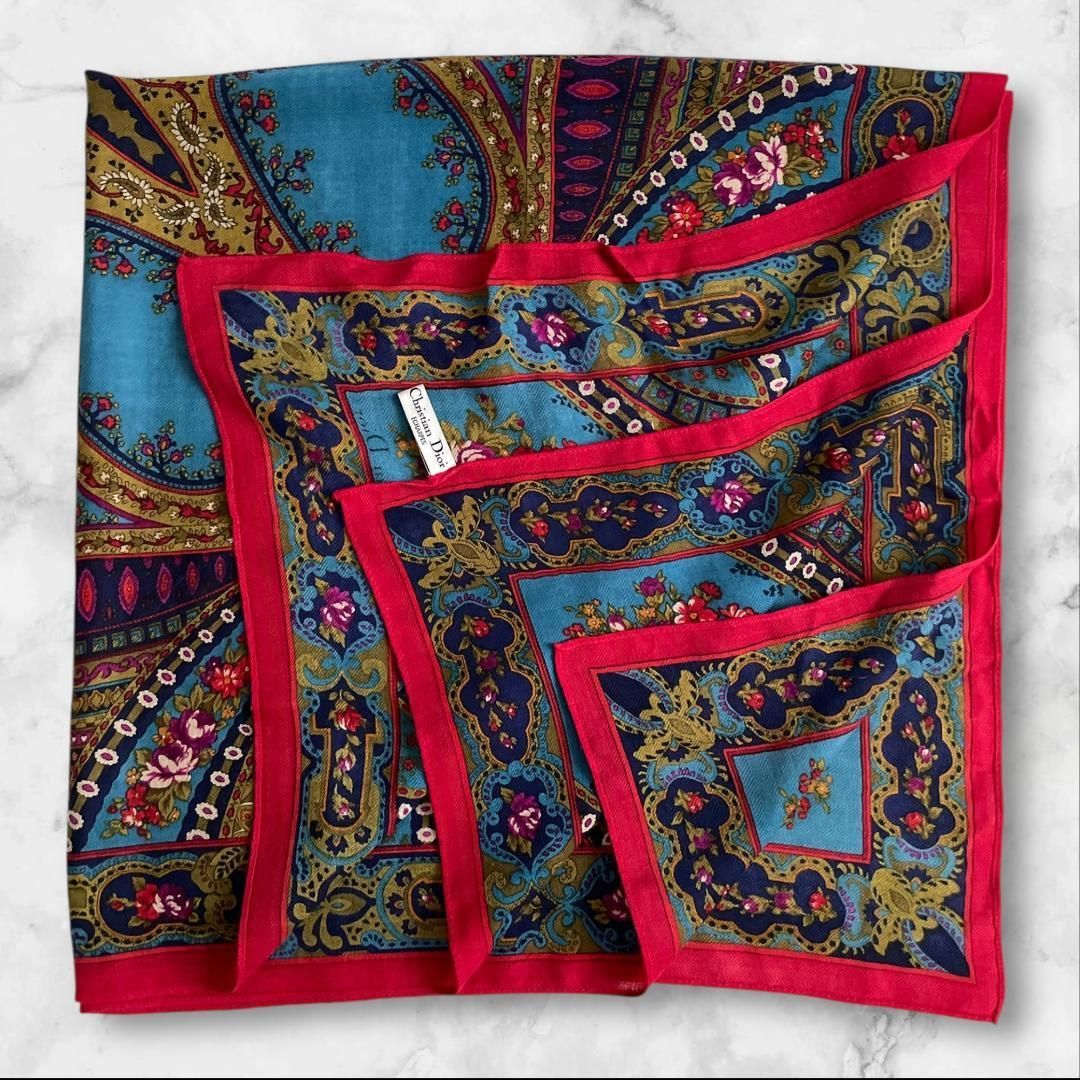 クリスチャンディオール 大判スカーフ 105cm シルク 花柄 ヴィンテージ