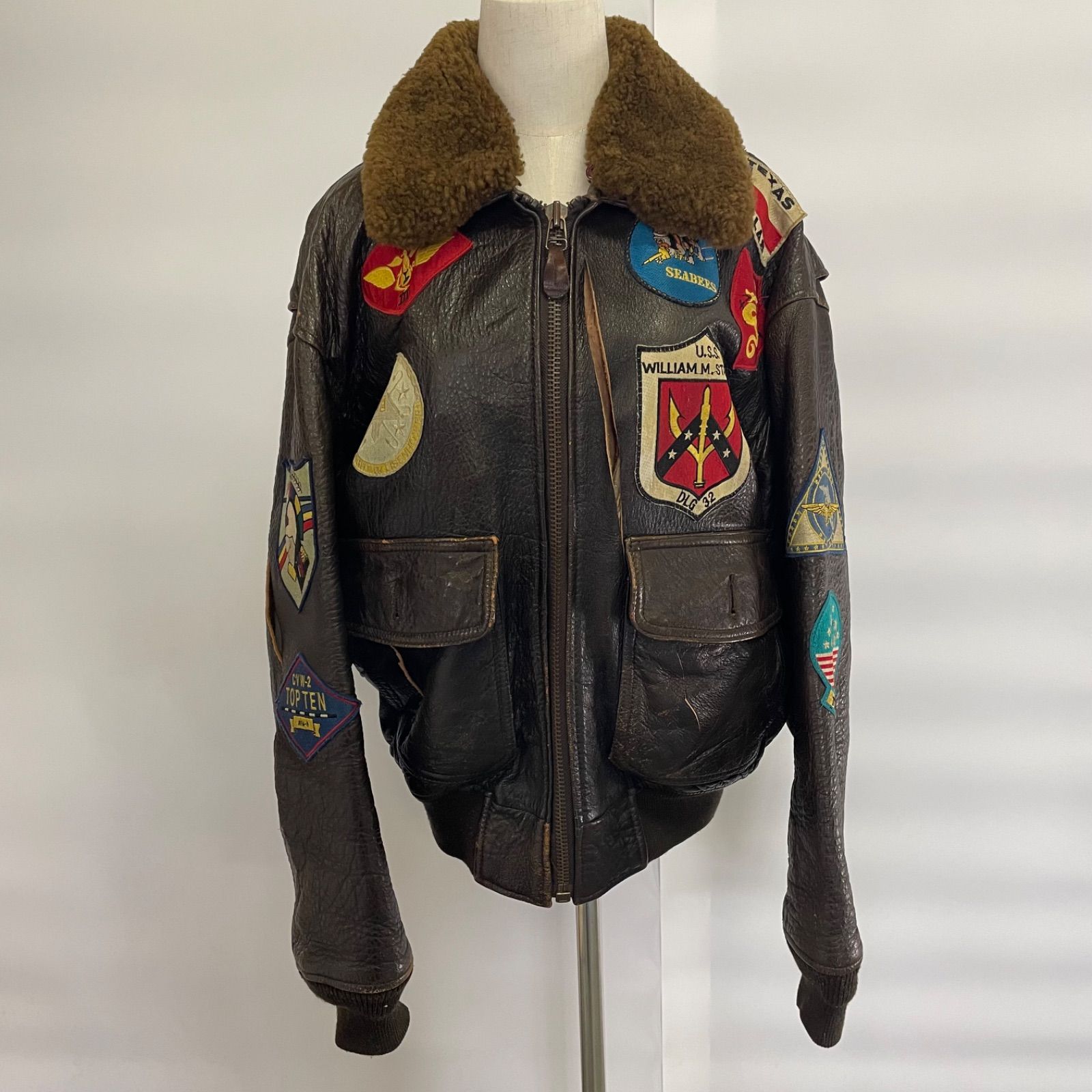 Y-63】AVIREX G1レザーフライトジャケットU.S.NAVYワッペンS相当 
