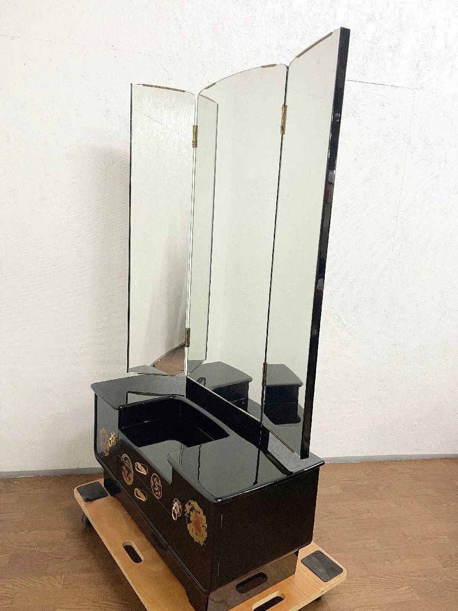 ○高級家具 輪島塗 漆塗り 金蒔絵 三面鏡 ドレッサー 化粧台 座鏡台