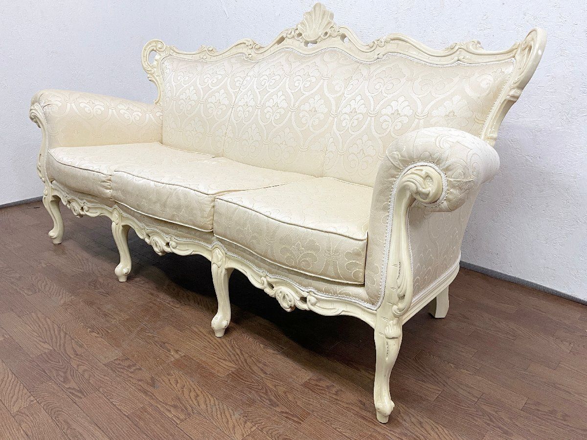 ●モレロ ジャンパウロ イタリア製 ロココ調 3人掛けソファ 3P トリプル アイボリー系 姫家具 ヨーロピアンスタイル 約33万 貝1453