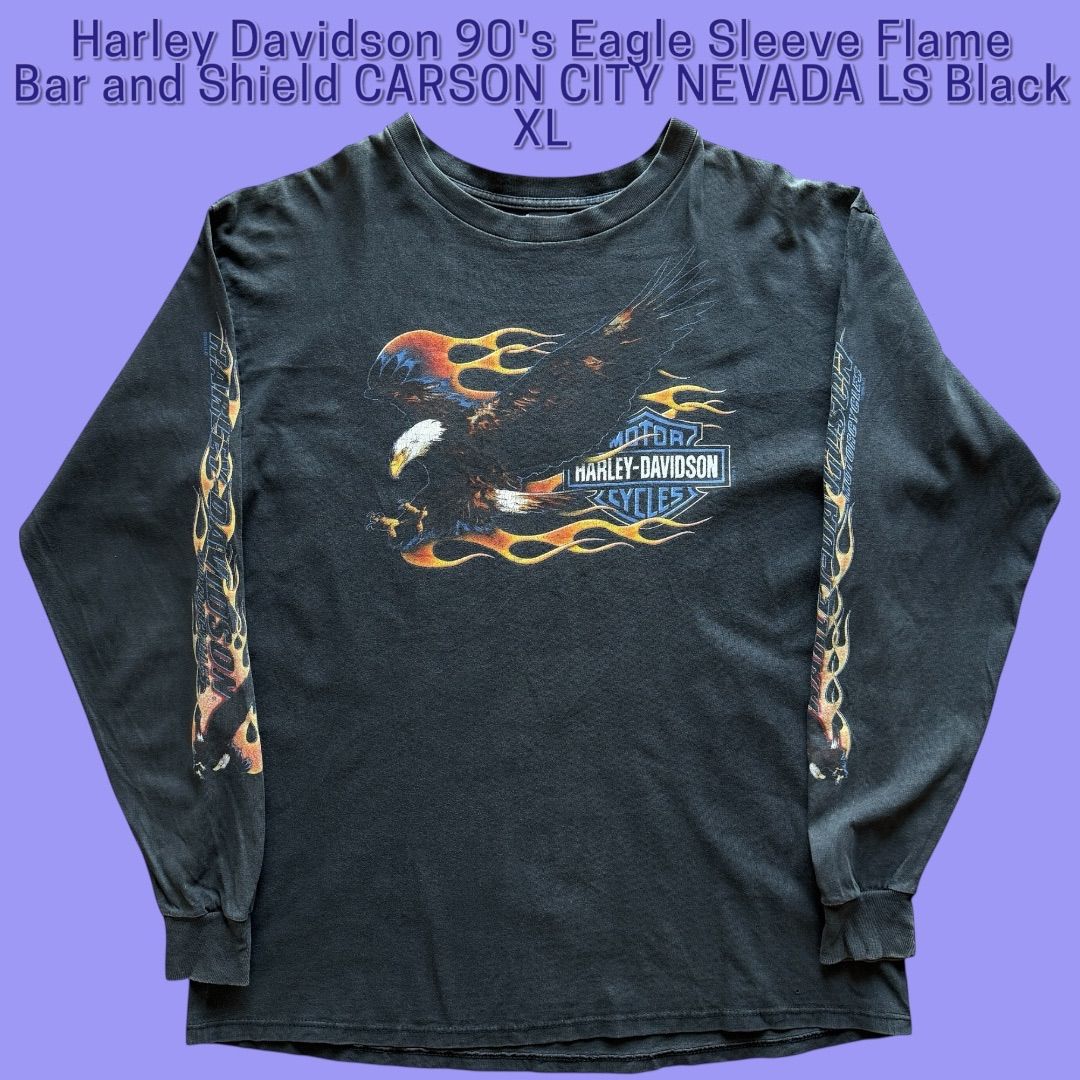 Harley Davidson 90's Eagle Sleeve Flame Bar and Shield CARSON CITY NEVADA LS Black XL