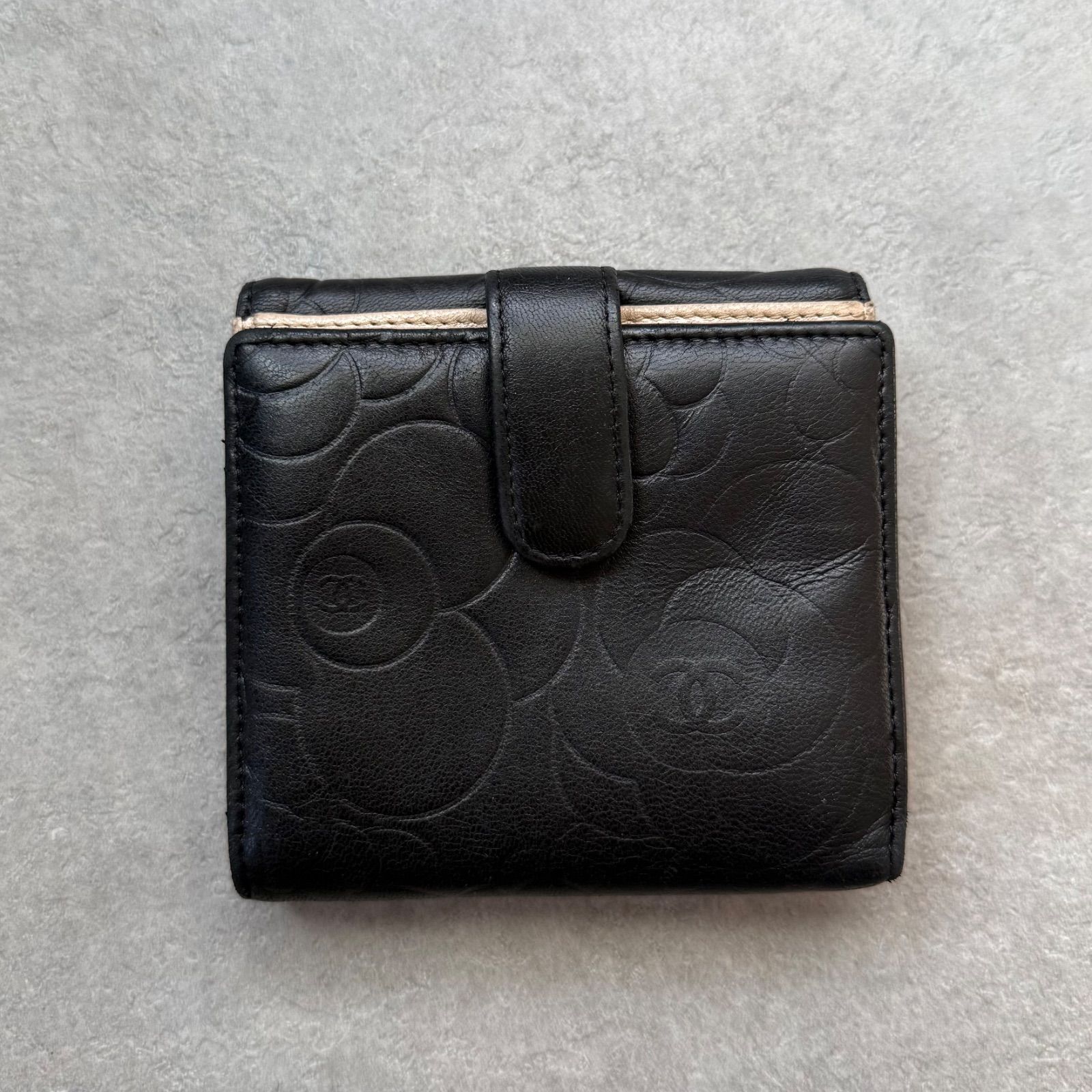 美品 CHANEL シャネル カメリア 二つ折り財布 Wホック ブラック 黒 