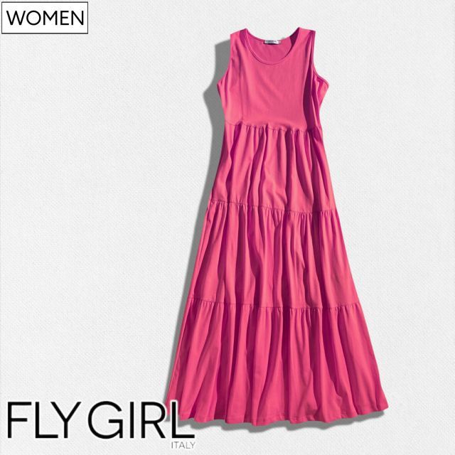 【定価24,200円(税込)】 FLY GIRL -フライガール- 美しいカラーリングと贅沢なふんわりギャザーで魅せる ♪ 身に着けるだけで気分を晴れやかにしてくれる Aラインティアードワンピース　ノースリーブ　クルーネック ピンク 91195 XS S M