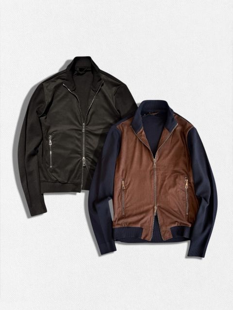 種類4：L/ネイビー×ブラウン 【定価31，900円(税込)】OVER/D  - オーバー・ディー 着流しでサマになる構築的な異素材コントラストを感じる1着！大人の休日を格上げするウール混コンビジャケッ