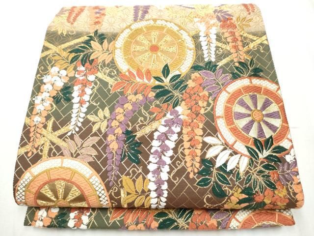 平和屋着物○六通柄袋帯 唐織 草木染 紹巴 源氏車藤文 金糸 正絹 逸品