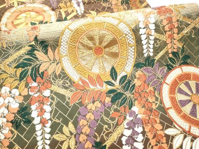 平和屋着物○六通柄袋帯 唐織 草木染 紹巴 源氏車藤文 金糸 正絹 逸品