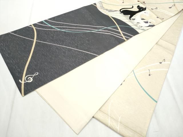 平和屋着物●全通柄　京袋帯　WAKKA　ワッカ　猫　ピアノ　音符　正絹　逸品　CABD5649hy 平和屋着物○全通柄 京袋帯 WAKKA ワッカ 猫 ピアノ 音符 正絹 逸品