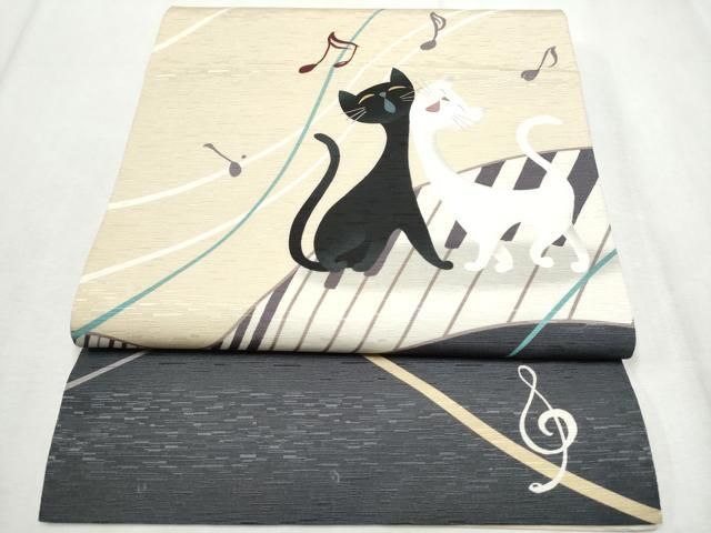 平和屋着物●全通柄　京袋帯　WAKKA　ワッカ　猫　ピアノ　音符　正絹　逸品　CABD5649hy 平和屋着物○全通柄 京袋帯 WAKKA ワッカ 猫 ピアノ 音符 正絹 逸品