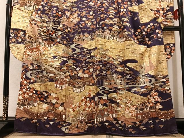 平和屋着物●豪華振袖・長襦袢(無双仕立て)セット　駒刺繍　松竹梅渡り橋風景文　金彩　正絹　逸品　AABG1102ph 平和屋本店□極上 振袖・長襦袢(無双仕立て・半衿刺繍)・袋帯セット 総
