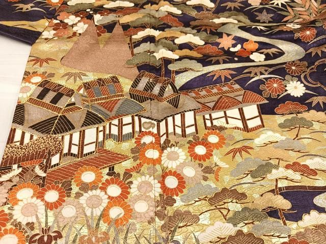平和屋着物●豪華振袖・長襦袢(無双仕立て)セット　駒刺繍　松竹梅渡り橋風景文　金彩　正絹　逸品　AABG1102ph 平和屋着物○豪華振袖・長襦袢（無双仕立て）セット 駒刺繍 枝垂れ桜