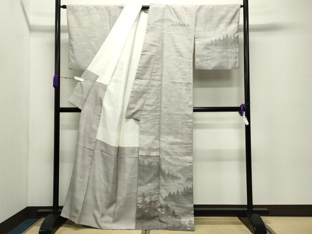 平和屋着物●石川県指定無形文化財　牛首紬　白山工房　手織り　訪問着　遠山風景文　正絹　逸品　CABC8295gh 平和屋着物○：石川県指定無形文化財 牛首紬 白山工房 手織り 色無地