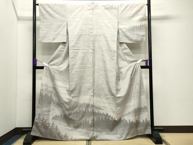 平和屋着物●石川県指定無形文化財　牛首紬　白山工房　手織り　訪問着　遠山風景文　正絹　逸品　CABC8295gh 平和屋着物○石川県指定無形文化財 牛首紬 白山工房 手織り 訪問着