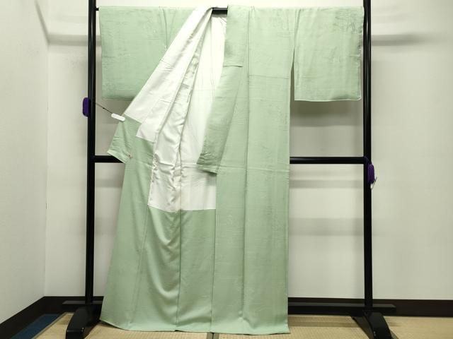 平和屋着物●上質な色無地　風景貝桶地紋　若菜色　さが美扱い　正絹　逸品　CABC8327gh 平和屋着物○上質な色無地 風景貝桶地紋 若菜色 さが美扱い 正絹 逸品