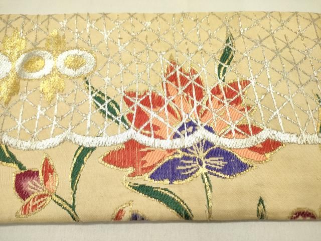 平和屋着物●アンティーク　大正ロマン　九寸名古屋帯　唐織　楓鹿文　金糸　正絹　逸品　DABD1958ps 平和屋着物○アンティーク 大正ロマン 九寸名古屋帯 唐織 更紗花文 金