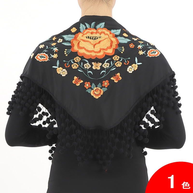 ■翌営業日出荷■マドローニョのついた刺繍のショール Jardin(ハルディン) 黒×中央の花:オレンジ系[フラメンコ用][スペイン直輸入]
