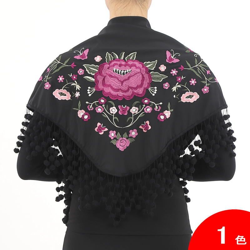 ■翌営業日出荷■マドローニョのついた刺繍のショール Jardin(ハルディン) 黒×中央の花:赤紫系[フラメンコ用][スペイン直輸入]