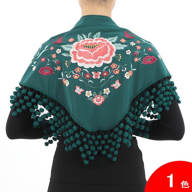 ■翌営業日出荷■マドローニョのついた刺繍のショール Jardin(ハルディン) 深緑×中央の花:ピンク系×蝶:ワイン系[フラメンコ用][スペイン直輸入]